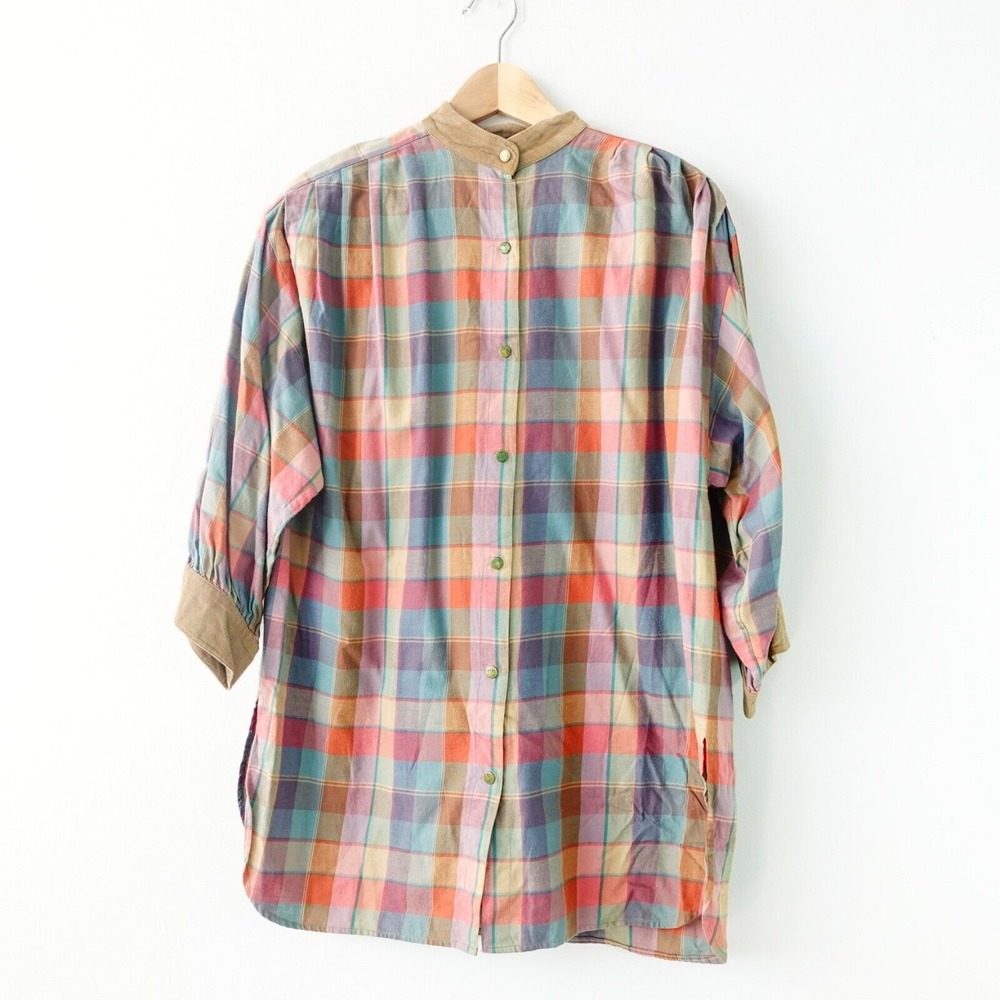 Vintage Betty Hanson Shirt‎ Blouse 8 Medium Beige Contrast Trim Tartan Plaid
